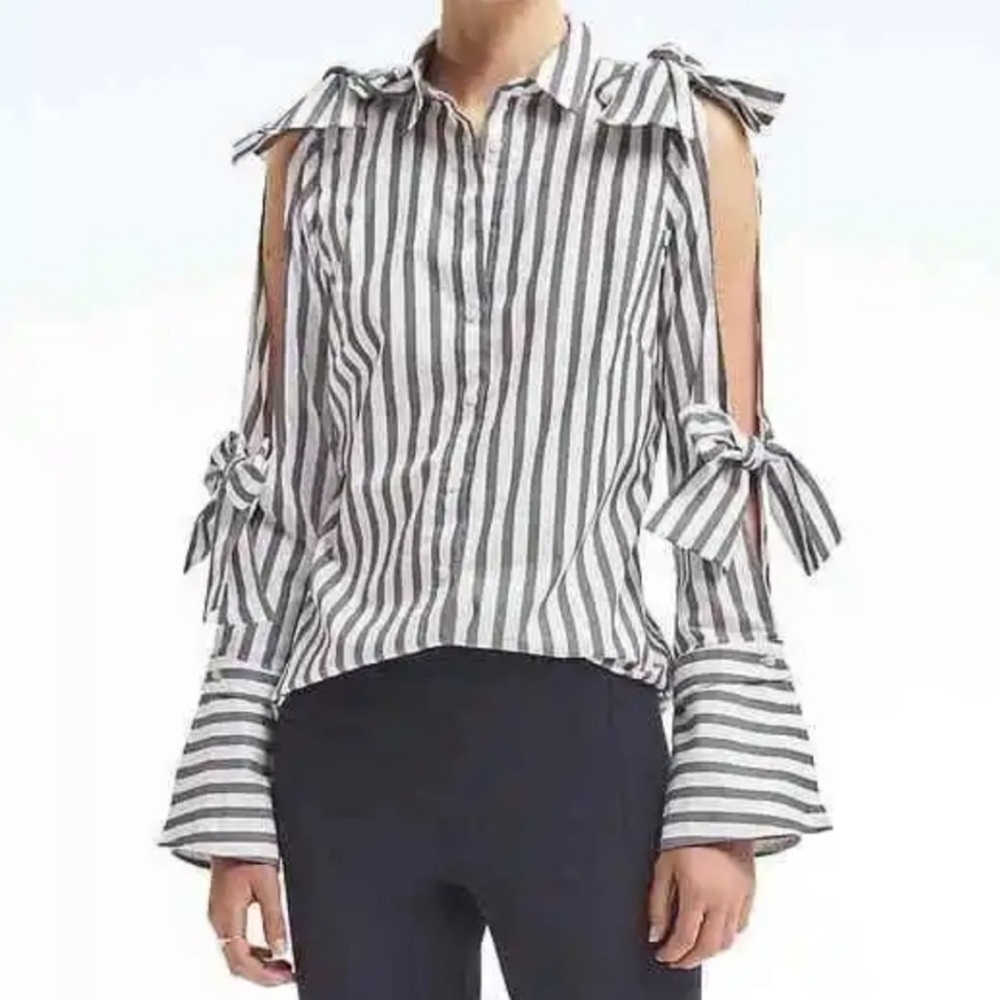 Banana Republic Riley Striped Slit Tie Sleeve Cold Shoulder Blouse Button Down